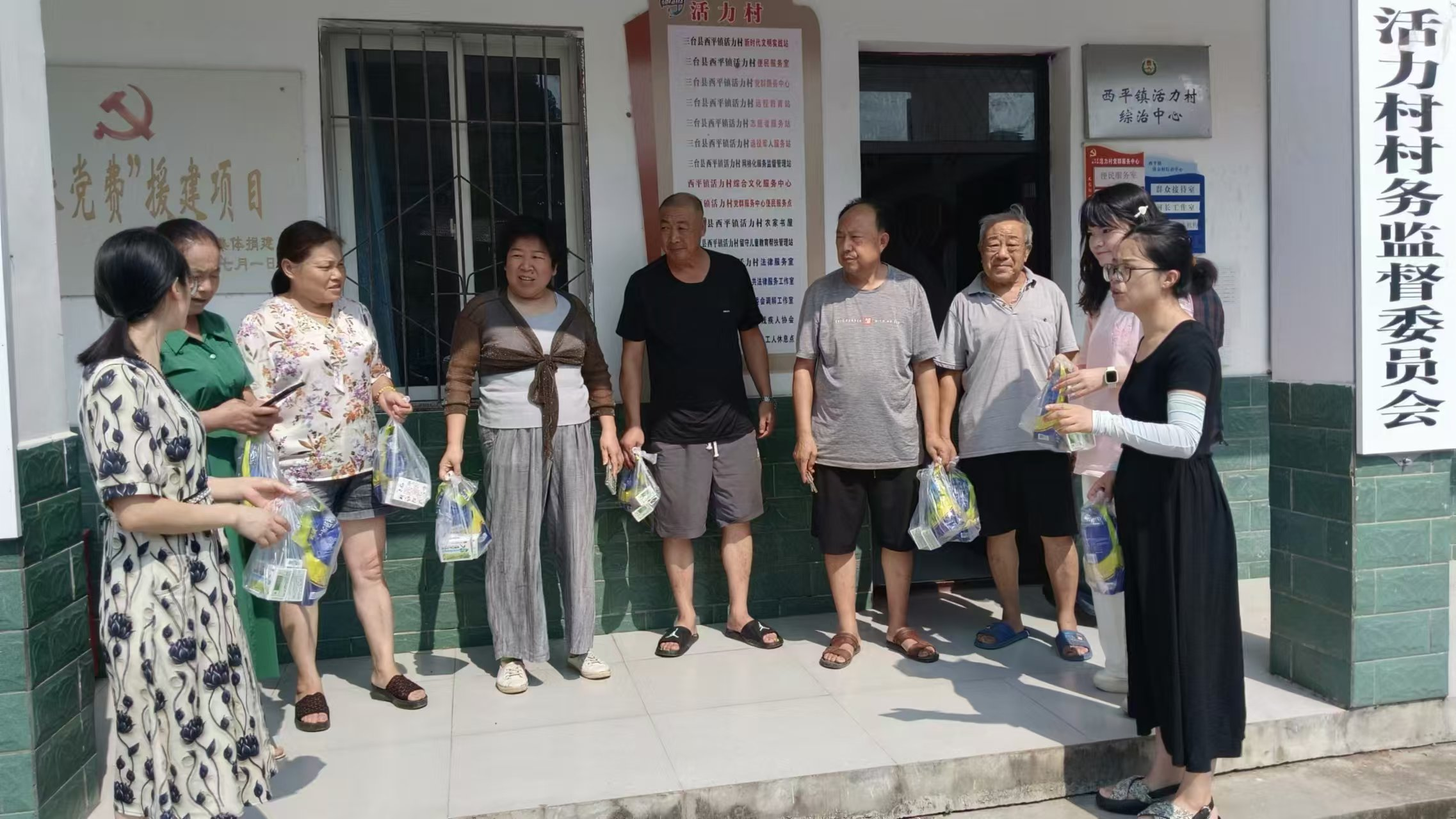 驻村第一书记龙敏和村“两委”分发农业用品.png